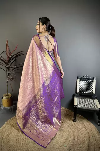 Pink kanjeevaram silk blend woven design saree with unstitched blouse piece