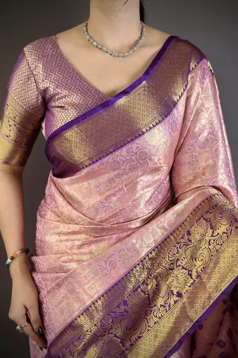 Pink kanjeevaram silk blend woven design saree with unstitched blouse piece