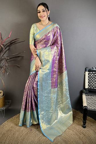 Purple kanjeevaram silk blend woven design saree with unstitched blouse piece