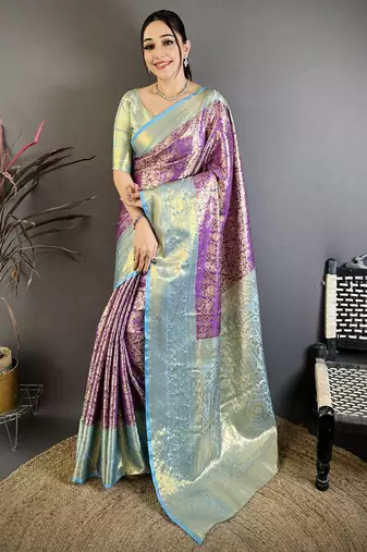 Purple kanjeevaram silk blend woven design saree with unstitched blouse piece