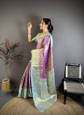 Purple kanjeevaram silk blend woven design saree with unstitched blouse piece 2