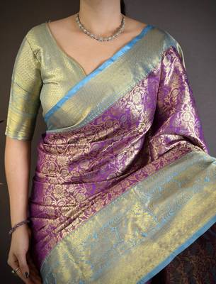 Purple kanjeevaram silk blend woven design saree with unstitched blouse piece 5