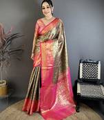 Brown kanjeevaram silk woven design saree with unstitched blouse piece