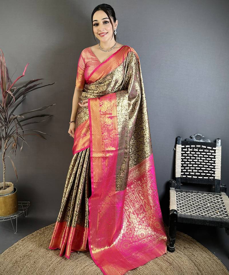 Brown kanjeevaram silk woven design saree with unstitched blouse piece