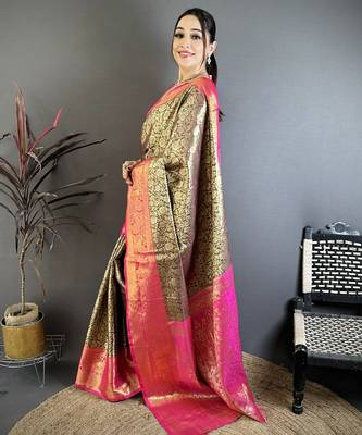 Brown kanjeevaram silk blend woven design saree with unstitched blouse piece 2