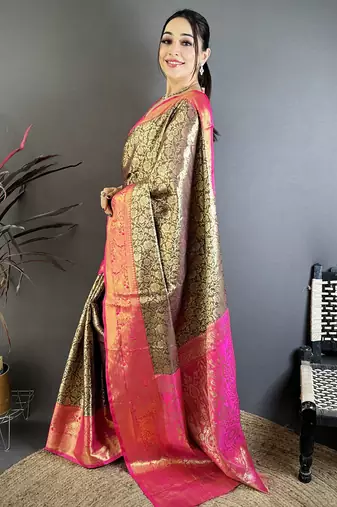 Brown kanjeevaram silk blend woven design saree with unstitched blouse piece