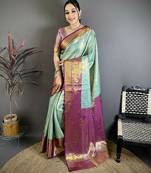 Sky blue kanjeevaram silk woven design saree with unstitched blouse piece