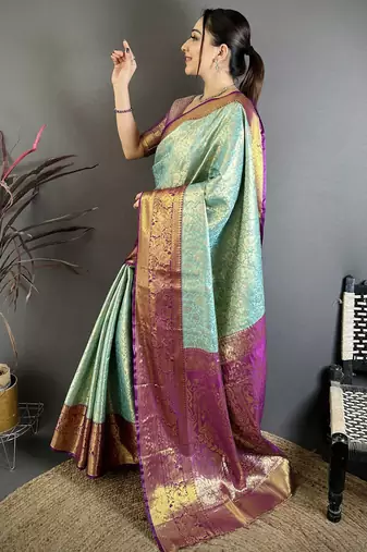 Sky blue kanjeevaram silk blend woven design saree with unstitched blouse piece