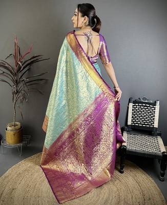 Sky blue kanjeevaram silk blend woven design saree with unstitched blouse piece 4