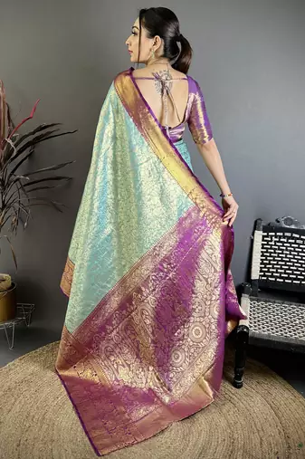 Sky blue kanjeevaram silk blend woven design saree with unstitched blouse piece