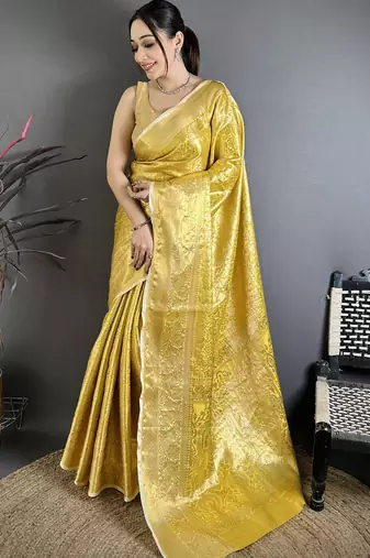 Yellow kanjeevaram silk blend woven design saree with unstitched blouse piece
