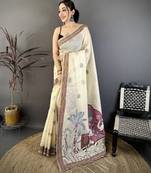 Cream cotton woven design saree with unstitched blouse piece
