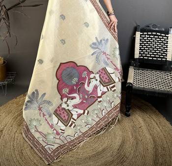 Cream cotton woven design saree with unstitched blouse piece 5