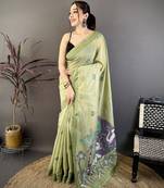 Green cotton woven design saree with unstitched blouse piece