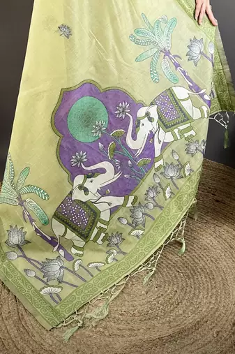 Green cotton woven design saree with unstitched blouse piece