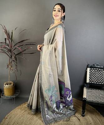 Grey cotton woven design saree with unstitched blouse piece 2