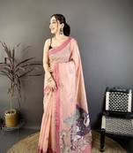 Peach cotton woven design saree with unstitched blouse piece