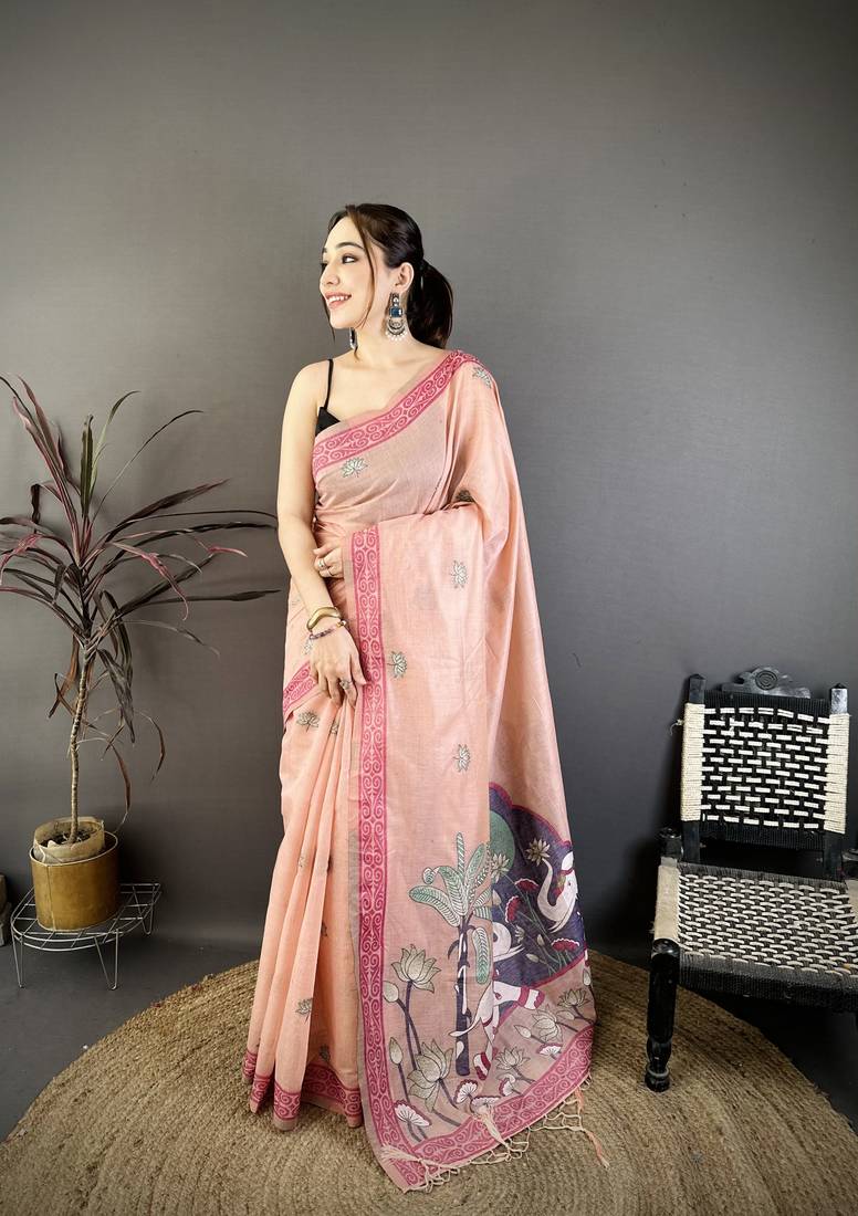 Peach cotton woven design saree with unstitched blouse piece