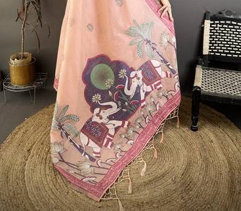 Peach cotton woven design saree with unstitched blouse piece 5