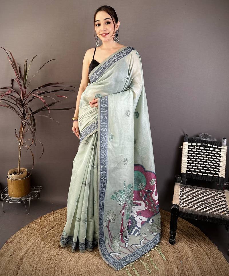 Sky blue cotton woven design saree with unstitched blouse piece