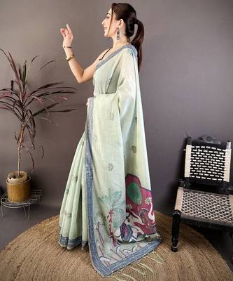 Sky blue cotton woven design saree with unstitched blouse piece 2