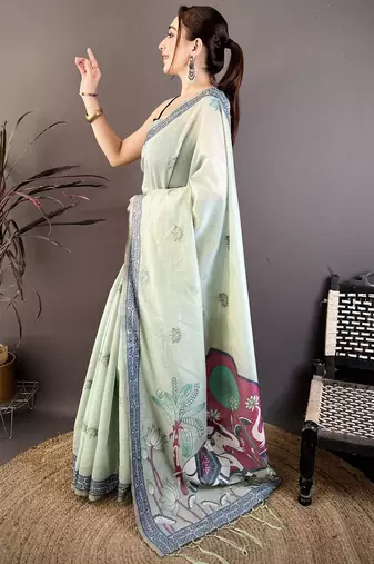Sky blue cotton woven design saree with unstitched blouse piece