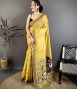 Yellow cotton woven design saree with unstitched blouse piece