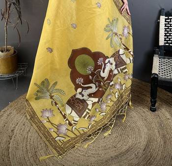 Yellow cotton woven design saree with unstitched blouse piece 5
