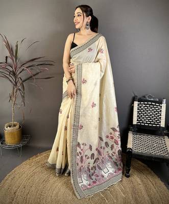 Cream cotton woven design saree with unstitched blouse piece 1