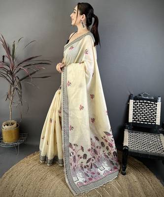 Cream cotton woven design saree with unstitched blouse piece 2