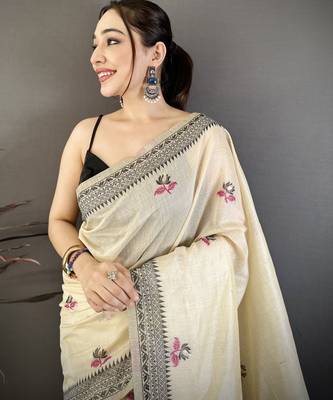 Cream cotton woven design saree with unstitched blouse piece 3