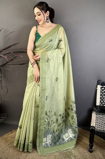 Green cotton woven design saree with unstitched blouse piece
