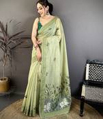 Green cotton woven design saree with unstitched blouse piece