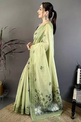 Green cotton woven design saree with unstitched blouse piece
