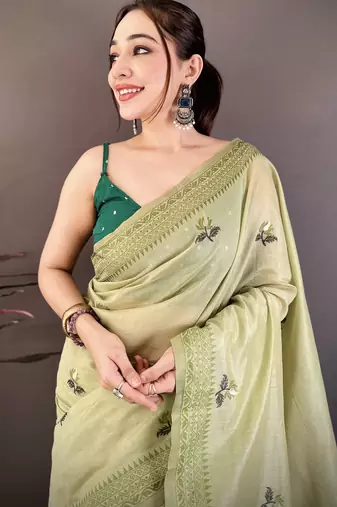 Green cotton woven design saree with unstitched blouse piece