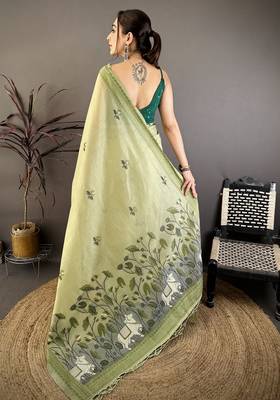Green cotton woven design saree with unstitched blouse piece 4