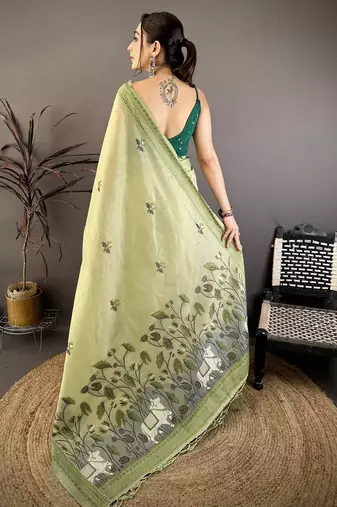 Green cotton woven design saree with unstitched blouse piece