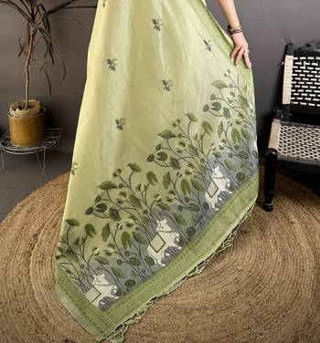 Green cotton woven design saree with unstitched blouse piece 5