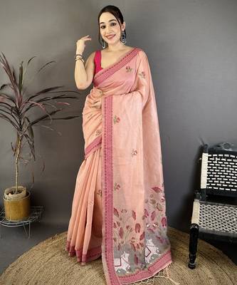Peach cotton woven design saree with unstitched blouse piece 1