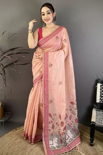 Peach cotton woven design saree with unstitched blouse piece