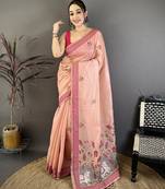Peach cotton woven design saree with unstitched blouse piece