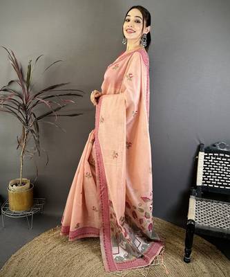 Peach cotton woven design saree with unstitched blouse piece 2