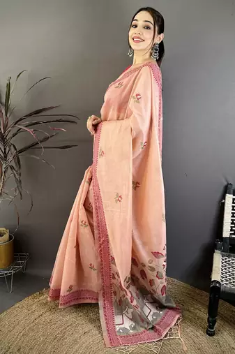 Peach cotton woven design saree with unstitched blouse piece