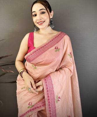 Peach cotton woven design saree with unstitched blouse piece 3