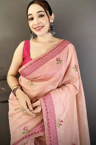 Peach cotton woven design saree with unstitched blouse piece