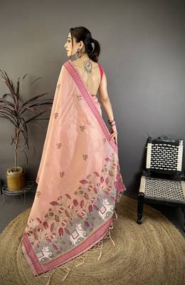 Peach cotton woven design saree with unstitched blouse piece 4