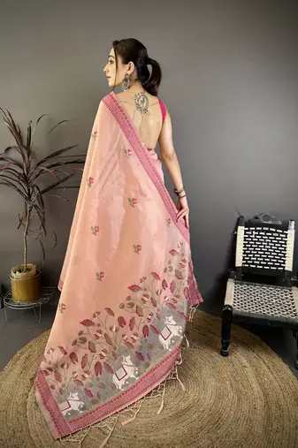 Peach cotton woven design saree with unstitched blouse piece