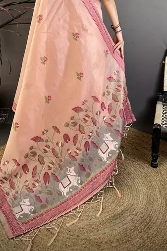 Peach cotton woven design saree with unstitched blouse piece