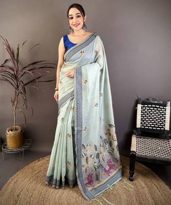 Sky blue cotton woven design saree with unstitched blouse piece 1