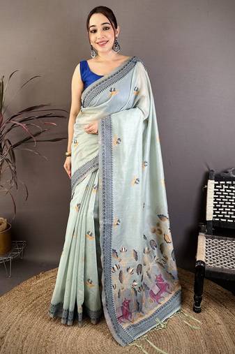 Sky blue cotton woven design saree with unstitched blouse piece